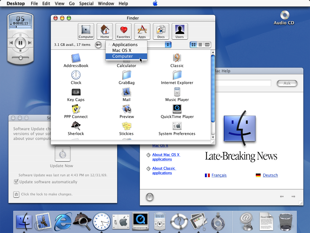 Desktop with applications in Mac OS X Public Beta