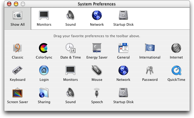 Settings menu in Mac OS X Public Beta (System Preferences)
