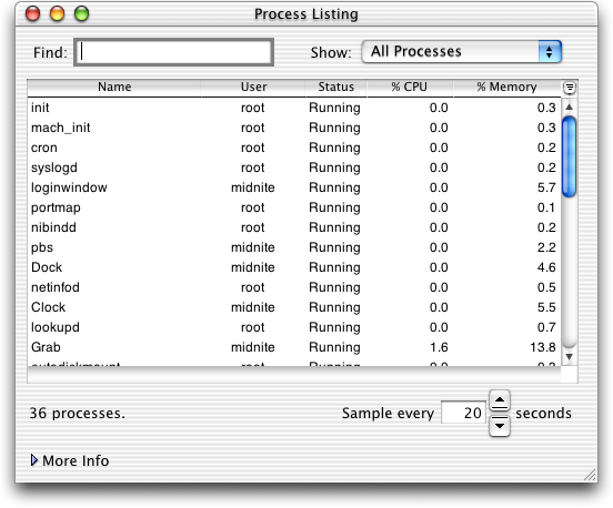 Task manager in Mac OS X Public Beta (Process Listing)